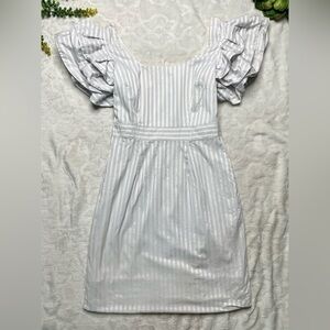 Kirribilla Ruffle Sleeve 100% Cotton White Gray Striped Mini Dress Size 4
